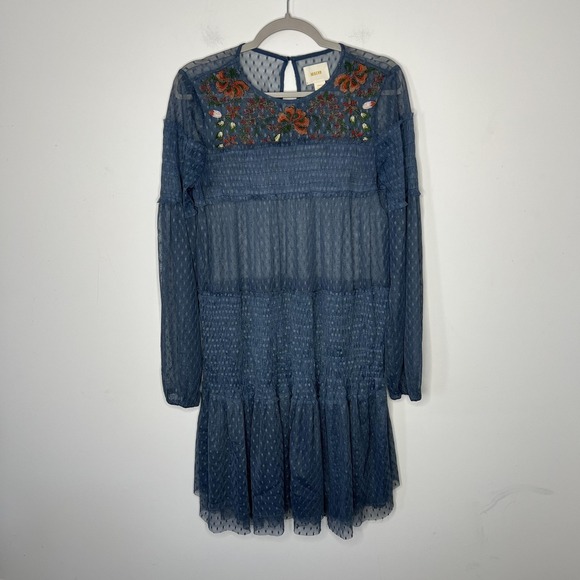 Maeve Dresses & Skirts - Maeve Dress Womens Small Blue Floral Embroidered Mesh Long Sleeve Swing Boho